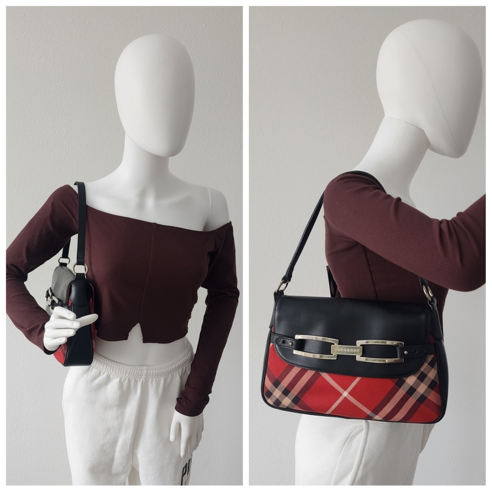 Auth Burberry Lattice Pattern Leather/Canvas Shoulder Bag - Picture 3 of 10